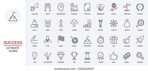 Cup award and medal trophy for best puzzle solution of winner, business chart growth and money bag, strategy and party celebration. Success trendy red black thin line icons set vector illustration.