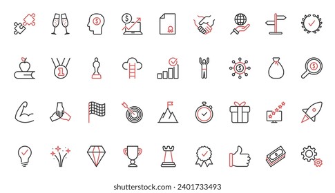 Cup award and medal trophy for best puzzle solution of winner, business chart growth and money bag, strategy and party celebration. Success trendy red black thin line icons set vector illustration.