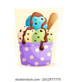 A cup with balls of delicious multi-colored ice cream poured with chocolate on a yellow background. The concept of confectionery, baking, cooking. Isolated vector illustration for menu design