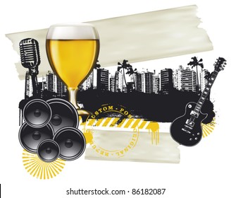 cup of beer with grunge city background