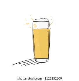 cup of beer illustration. hand drawn drink. pint of lager with splashes.  beer icon isolated on white drawn in ink. 