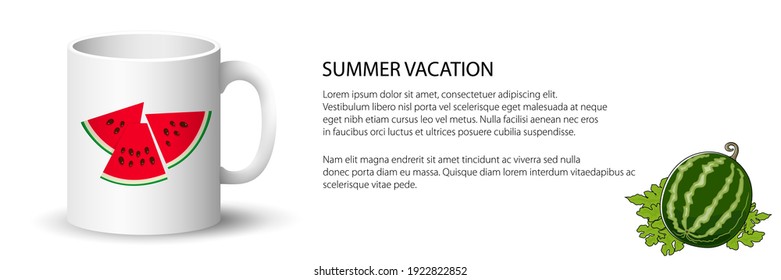 Cup with berry fruit ,summer banner , front view on a mug with watermelon slices and seeds , vector illustration