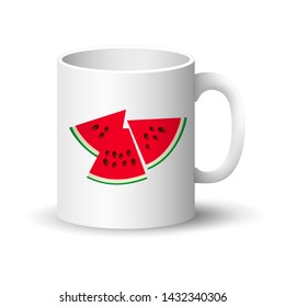 Cup with Berry Isolated on White Background, Front View on a Mug with Watermelon Slices and Seeds , Vector Illustration