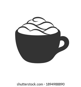 Cup of beverage with foam and cream on mug silhouette. Simple minimal flat clip art, icon or logo for cafe shops, beverages, caffeine, restaurants, etc. Vector illustration.