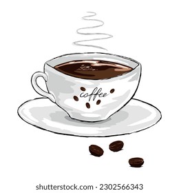 Una taza de café negro y aromático. Café caliente en una delicada taza de porcelana. Taza blanca con asa, platillo y granos de café. Ilustración del vector, dibujo a mano
