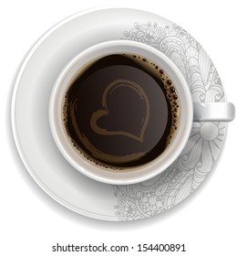 A cup of black coffe on a saucer with ornament. Realistic vector