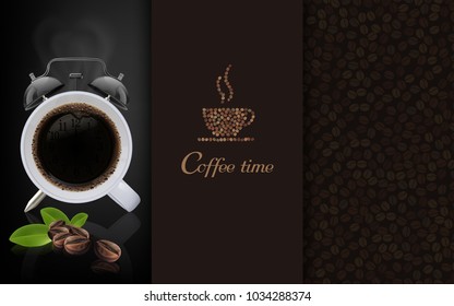 Cup of black coffee and coffee bean on brown background, flowing coffee brochure and copy space for text. vector illustration.