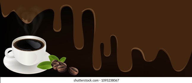 Cup of black coffee and coffee bean on brown background, flowing coffee and copy space for text. vector illustration.