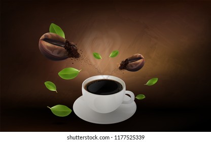 Cup of black coffee and coffee bean on brown background, flowing coffee brochure and copy space for text. vector illustration.