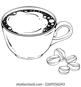 Cup of black coffee with coffee beans. Americano, espresso. Vector illustration in hand drawn sketch doodle style. Line art close up invigorating beverage isolated on white. Classic breakfast drink