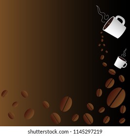 a cup of black coffee with coffee beans on dark brown background.