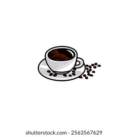 a cup of black coffee with coffee beans scattered beside it vector illustration