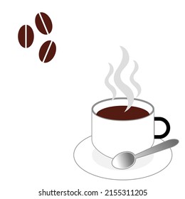 A cup of black coffee and beans with steam and a white background