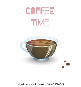 Cup of  black coffee and coffee beans. Vector illustration