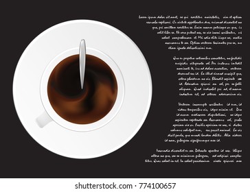 A cup of black coffee or chocolate from top view .Realistic isolated vector. Concept. Place for text