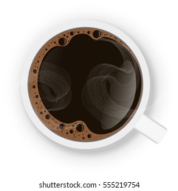 Cup of black coffee close-up top view, isolated on white background. Realistic vector illustration.