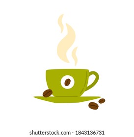 Cup of black coffee decorated with beans. Hot beverage in green mug side view. Morning drink in ceramic cup isolated on white background. Vector illustration in flat cartoon style