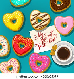 Cup of black coffee and donuts with my sweet Valentine note on the table. Flat design, vector illustration