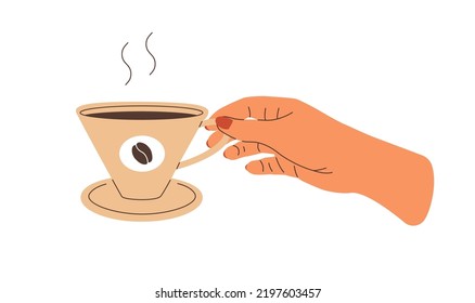 Cup of black coffee flat illustration. Female hand with manicure holding beverage. Hot drink for breakfast vector design