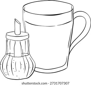 Taza de café negro con espuma, azúcar de caña Composición de café ilustración dibujada a mano. Vector línea gráfica tinta Arte blanco negro. arte de Clip brillante para el diseño de menú de cafetería, Anuncios y embalaje.
