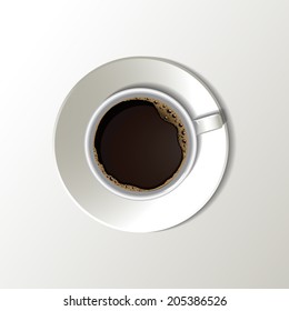 A cup of black coffee with foam and saucer. Realistic vector.