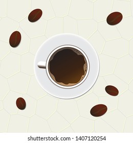 Cup of black coffee with foam seen from above. Realistic vector illustration of hot drink with saucer and beans around on tile table top view. Graphic use for background, banner, poster and web.