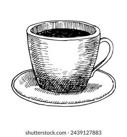 Cup of black coffee, hand drawn sketch, vector illustration 