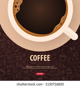 Cup of Black coffee with the hand-draw doodle elements on the background. Coffee banner for ads