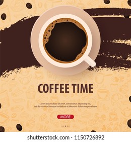 Cup of Black coffee with the hand-draw doodle elements on the background. Coffee banner for ads