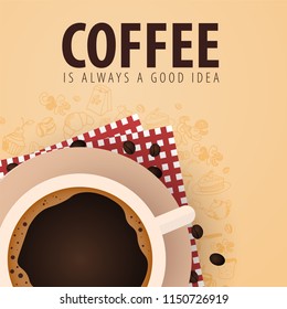 Cup of Black coffee with the hand-draw doodle elements on the background. Coffee banner for ads