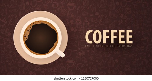 Cup of Black coffee with the hand-draw doodle elements on the background. Coffee banner for ads