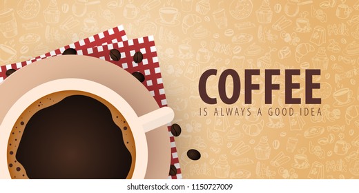 Cup of Black coffee with the hand-draw doodle elements on the background. Coffee banner for ads