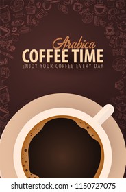 Cup of Black coffee with the hand-draw doodle elements on the background. Coffee poster for ads