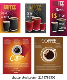 Taza de café negro con los elementos del doodle dibujados a mano en el fondo. Juego de banners para el café para los anuncios Menú creativo para bebidas calientes en un menú de estilo diferente para el restaurante    Ilustración del vector