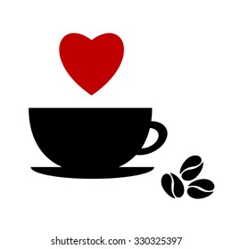 A cup of black coffee with heart on white background. vector illustration