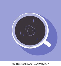 Uma xícara de café preto com uma dica de prever o futuro.
