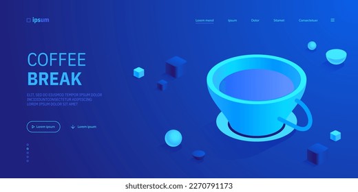 Cup of black coffee icon. Morning drink at breakfast, coffee break in office concept. Cafe or restaurant menu design element. Isometric vector illustration for visualization of business presentation