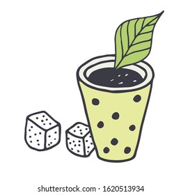 Cup of black coffee with leaf of mint and sugar, vector drawing isolated on white background