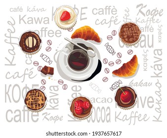 A cup of black coffee on a saucer. The cup is located on a white background with the words coffee and cocoa in different languages, gray and fonts. Next to a cup of coffee are muffins