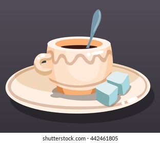 Cup of black coffee on a saucer with two sugar cubes and a spoon