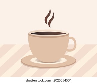 Cup of black coffee on a striped beige brown table vector illustration. It's coffee time concept.