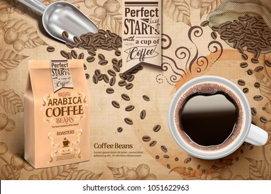 Cup of black coffee and paper bag package in 3d illustration, retro engraving coffee plants elements