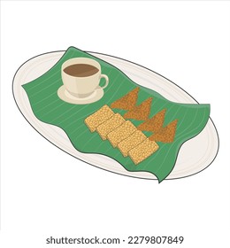 a cup of black coffee and soya tempeh in banana leaves