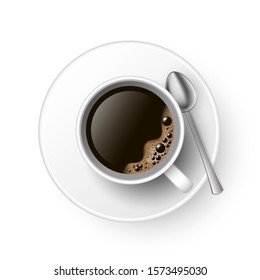 A cup of black coffee with spoon and saucer top view. Realistic vector illustration. 3d model americano in white cup isolated on white background