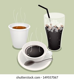 A Cup of Black Coffee, Takeaway Coffee and Iced Coffee on Beautiful Green Retro Background 