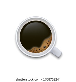 A cup of black coffee top view isolated on white background. Vector illustration. Eps 10.