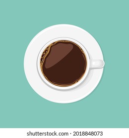 Cup of black coffee top view. Espresso or Americano in a white ceramic cup isolated. Vector illustration in cartoon flat style.