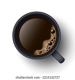 A cup of black coffee top view. Realistic vector. 3d model americano in black ceramic cup isolated on white background