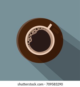 A cup of black coffee. Vector illustration. Blue background. Italian morning coffee