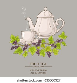 cup of black currant tea and teapot on color  background